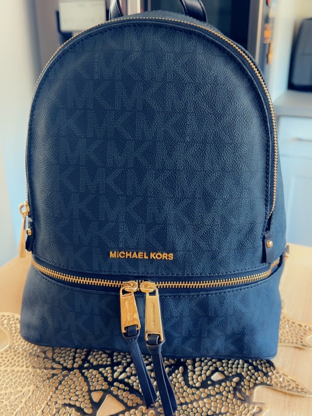 Michael Kors Dark Blue Logo Medium Size Backpack with Gold Hardware